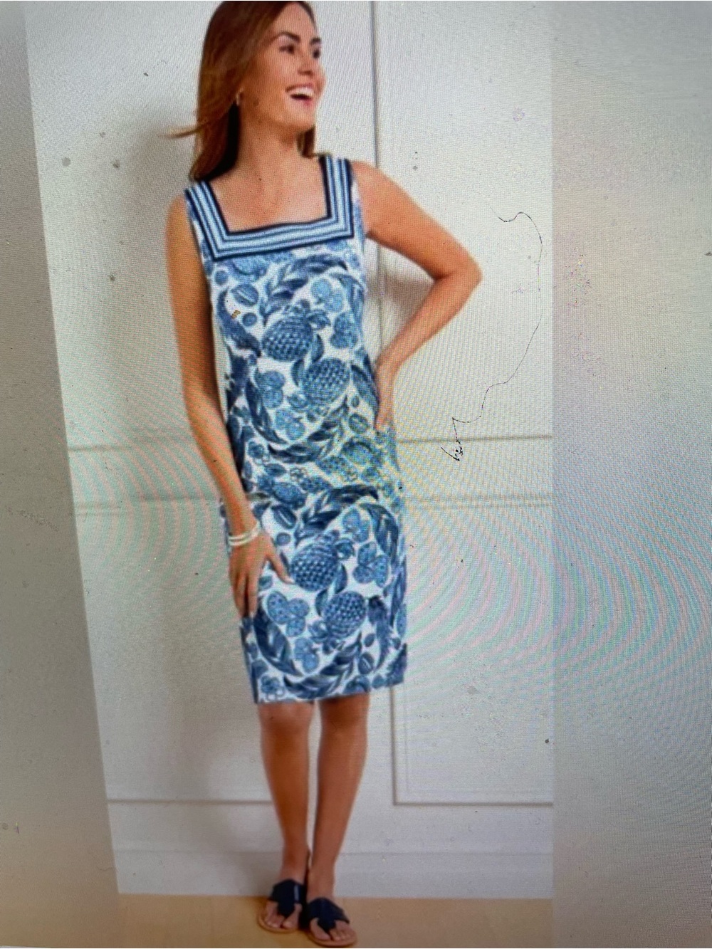 Talbots—Blue Floral Shift Dress with Striped Square Neck—Size 8